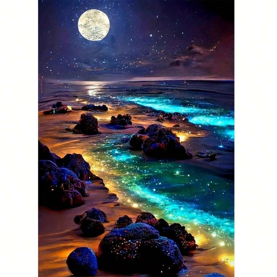 1 Stück 5D DIY Diamant Malerei Set, Strand Nachtszene, geeignet für erwachsene Anfänger, Diamant Kunst Heimdekoration und Geschenk