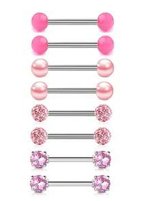 8pcs Stainless Steel Barbell Nipple Tongue Ring Set, Sparkling CZ Inlaid 14G Body Piercing Jewelry, Suitable For Daily Wear - 8-piece Set - View 7
