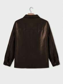 Loose Fit Basic Leather Jacket, Long Sleeve, Double-Breasted, Stylish PU Leather Jacket For Autumn/Winter - Brown - View 5