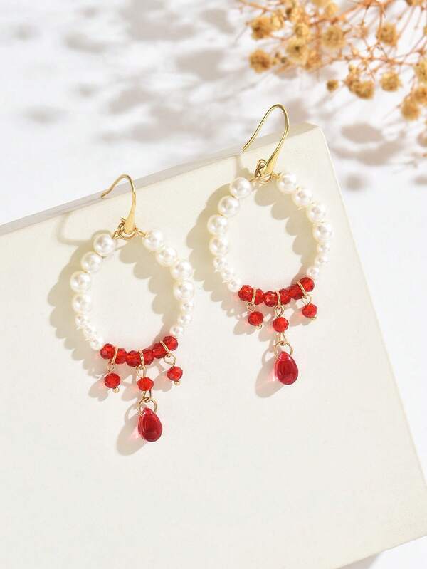 1 Paar Vintage Gothic Bohemian weiße geometrische Perlen-Quasten-Ohrringe, elegante Horror rote Blut-Tropfen-Anhänger-Ohrringe, geeignet für Partys, Festivals, Halloween, Bankettveranstaltungen als Geschenk