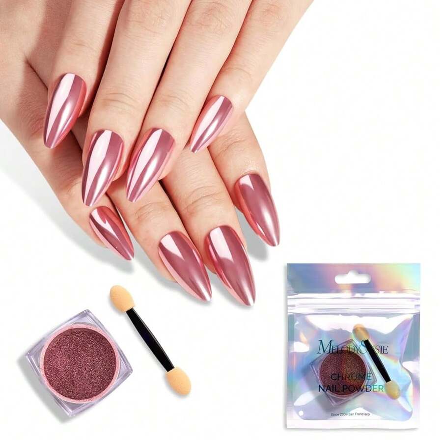 Pink Chrome Nail Powder For Gel Nails,Metallic Mirror Effect Pigment Stylish Fine Glitter For Home DIY Salon Use{"Color_name":"Pink"} - 粉紅色的 - 查看 1