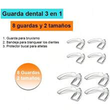 8 protectores bucales para bruxismo, ronquidos, blanqueamiento dental yás.1 estuche incluido. 8 protectores dentales en 2 tamaños y 1 estuche incluido! Guarda dental para dormir. Para evitar rechinar los dientes y roncar por la noche. Protectores bucales moldeables. Solución para el bruxismo. Guarda dental para dormir. Diseño profesional para adaptarse perfectamente a cualquier boca. Instrucciones incluidas y fácil de usar. - 1 - Ver 3