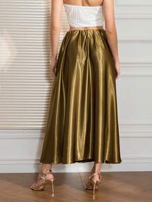 Women's Satin Long Skirts Luxury Elastic Waist Solid Color A-Line Skirts Flowy Midi Skirts - Yellow - View 7