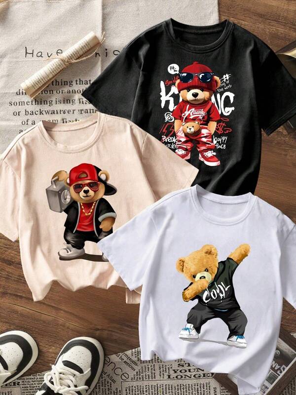 Set de 3 camisetas de manga corta con estampado para niños preadolescentes, adecuadas para niños mayores, tops de verano para estudiantes jóvenes, camisetas deportivas para niños