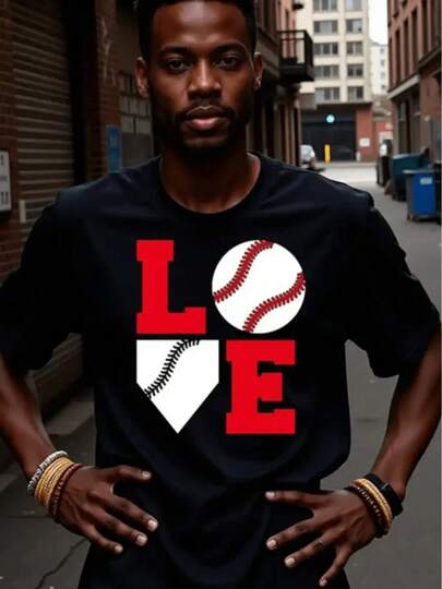 Camiseta gráfica de béisbol para hombres - Camiseta casual suave y transpirable con estampado de béisbol rojo y blanco, letras LOVE en negrita y diseño de costura deportiva número 4 - Ajuste cómodo para todas las estaciones para fanáticos del béisbol, eventos casuales y deportivos (lavado a mano o limpieza en seco) - Regalo ideal para amantes del béisbol (negra) - Cuello redondo clásico, ajuste regular, temática de béisbol con logo estilizado y de bate