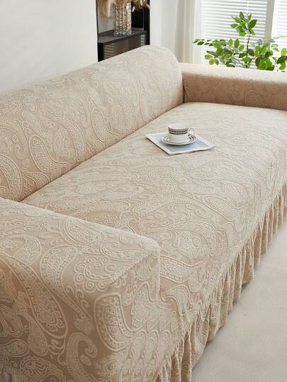 1pc Paisley Pattern Ruffled Elastic Sofa Cover, Dust-Proof And Dirt-Resistant, Stretch-To-Fit Full Coverage Sofa Protector, Home Decor, Machine Washable, Pillow Cover Not Included