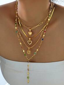 4pcs Elegant Luxurious Sexy Women Friendship Flower Gold Tone Cross Faux Pearl Necklace Set, Layered Long Necklaces For Daily, Party, Wedding Occasions