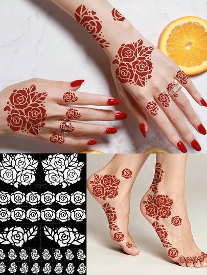 1 ark blommiga återanvändbara tatueringsstenciler tillfälliga attoo ticker kroppskonst tatueringar stenciler klistermärken glitter tatueringsmall för hand fot kroppskonst design