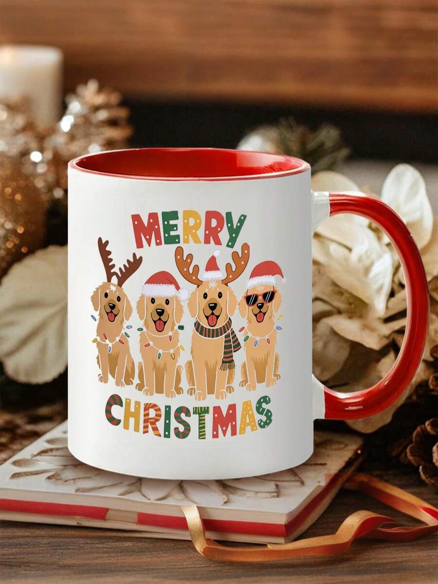 1pc 11 Ounce Ceramic Cup - A Mug With A Merry Christmas Golden Retriever, The Perfect Cup For Coffee Lovers, And An Ideal Holiday Gift For Thanksgiving, Birthdays, Or Christmas Parties. Multi Functional Tea Cups For Hot And Cold Drinks, Wedding Or Valentine's Day Gifts, Cute Winter Beverage Containers, Fun Household Kitchen Items - Christmas Decorations, Cute Dogs Wearing Christmas Hats! " - Multicolor - View 1
