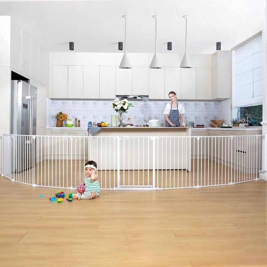 COMOMY Puerta de bebé de 198 pulgadas extra ancha puerta de perro para mascotas para casa escaleras puertas chimenea ajustable 3 en 1 patio de juego puerta de seguridad para niños cierre automático montaje en hardware 30 pulgadas de alto blanco - Blanco - Ver 1