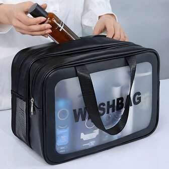 1pc Black PU Dry And Wet Separation Clear Wash Bag Portable Waterproof Double Layer Organizer Toiletry Travel Bag Large Capacity Multi-Function Transparency PVC Storage Makeup Bag For Bathroom Portable Dry And Wet Separation Swimming Fitness Bag For Men And Women
