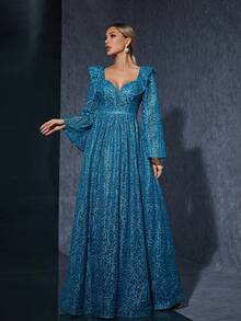 荷叶边领刺绣蕾丝长袖高端晚礼服 - 藍色 - 查看 3