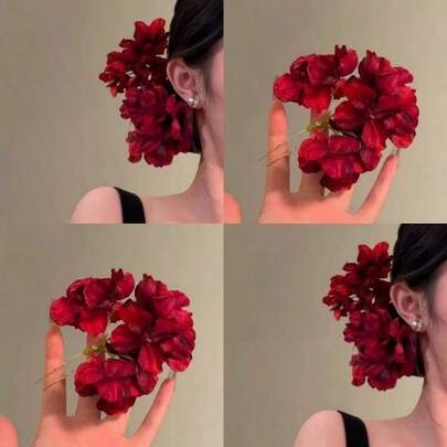 1/2pcs Red Flower U-Shaped Hair Clip, Unique Chinese Style Hair Accessory, Suitable For Cheongsam