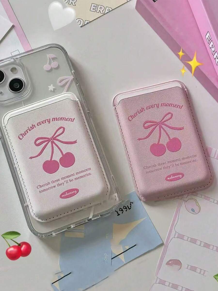 1 件韩式卡通樱桃磁吸卡夹，公共交通卡皮革卡套，适合 17/16/15 Pro Max/13/14/12 磁吸手机壳（不含手机壳） - 彩色 - 查看 1
