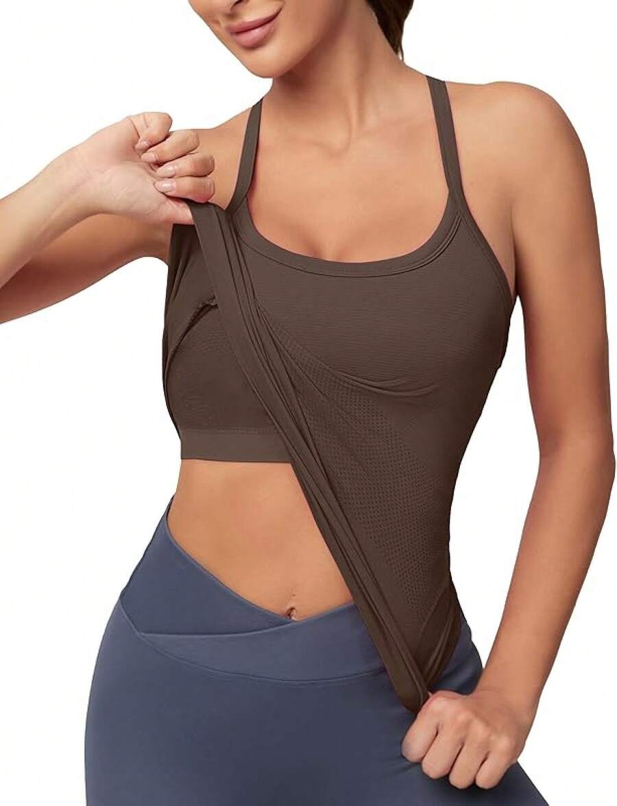 Workout Tops Women With Built In Bra, Sleeveless Gym Tops Seamless Racerback Athletic Yoga Shirts, Activewear - 咖啡 - 查看 1