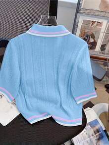 Summer Hollow Design Polo Neck Casual College Style Versatile Niche Knit Tops - Blue - View 2