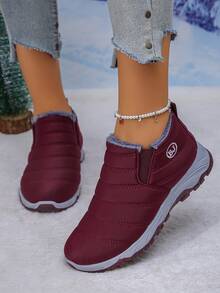 Waterproof Snow Boots With Signature 'BJ' Embroidery, Women's Black Red Slip-On Winter Boots With Plush Lining & Elastic Gore, Thermal Flat Ankle Boots