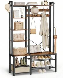 Entryway Coat Rack With Shoe Bench And 5 Storage Shelves, 9 Clothes Hooks And 6 Side Hooks, 40 X 120 X 190 Cm, Rustic Brown And Ink Black HSR426B01 - 復古棕色 + 墨黑色 - 查看 9