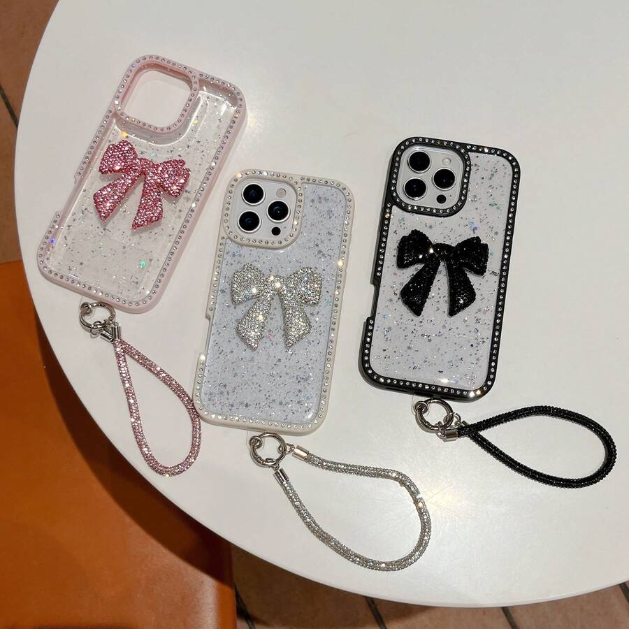 1PC Stylish Rhinestone-Embellished Phone Case – With Bow Accent & Detachable Bracelet For IPhone 13-16 Series - 粉色 - 查看 1
