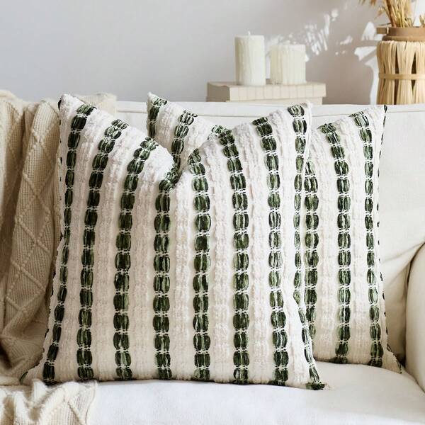 1pc/2pcs Olive Green (Insert Not Included) 3D Thick Striped Throw Pillow Cover, Bohemian Farmhouse Chenille Cushion Cover, Neutral Color Pillow Sham, Suitable For Sofa, Bed, Bedroom, Dining Room, Party, Decoration, All Season