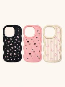 Black White Pink Bowknot Fashion Phone Cases 3pcs Dopamine Themed Wavy Edge Bowknot Pattern Phone Cases Compatible With IPhone & Galaxy Phones Spring Gift - Multicolor - View 23