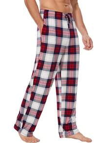 Mens Pajama Pants - Viscose Made From Bamboo, Soft Sleep Pants Comfy Drawstring Lounge Bottom With Pockets Sweatpantshalloween - 白色和紅色格子 - 查看 1