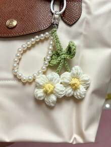 1 pieza Llavero con colgante de flor de pompón de estilo bohemio con cadena de perlas, accesorio creativo para mochila de mujer, accesorio para bolso, regalo de cumpleaños, recuerdo de fiesta