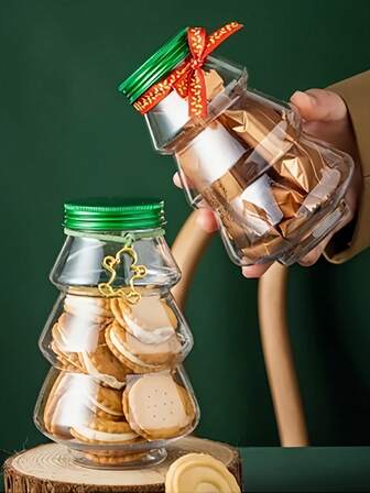 2/6/20 Pcs Christmas Candy Jars, Plastic Tree-Shaped Biscuit Bottles With Sealed Lids, Snack Storage Jars, Food Containers, DIY Gift Candy Packing, Christmas Decorations For Home Kitchen & Dining Table, Perfect For Candy Biscuits Or Milk Tea(The Bottle Cap Color Is Random, Without Accessories)