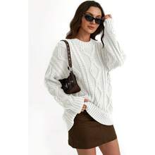 2025  Women's Oversized Cable Knit Crewneck Sweaters - White - View 5
