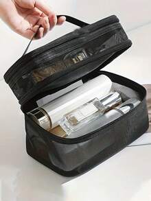 1 pezzo Borsa da trucco da viaggio a doppio strato, borsa portaoggetti multifunzionale con rete, borsa portacosmetici di grande capacità, accessori da viaggio, borsa cosmetici portatile, borsa da trucco da donna portatile, necessità da viaggio