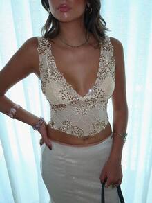 Women Lace Tank Top, Sleeveless Tops V-Neck Shiny Slim Fit Summer Clubwear For Daily Party - 黃色 - 查看 3