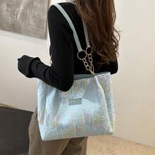 Womens Canvas Tote Bag Zipper Closure Stylish Embroidered Large Capacity Shoulder Bag - Blue - View 4