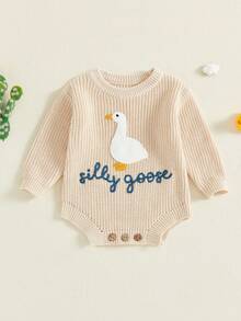 Newborn Infant Cute Goose Letter Embroidery  Romper Jumpsuit Baby Knitted Sweater Long Sleeve Round Neck Rompers Newborn Girl Boy Goose Funny Romper Reveal Pregnancy Announcement Clothes - 米色 - 查看 1