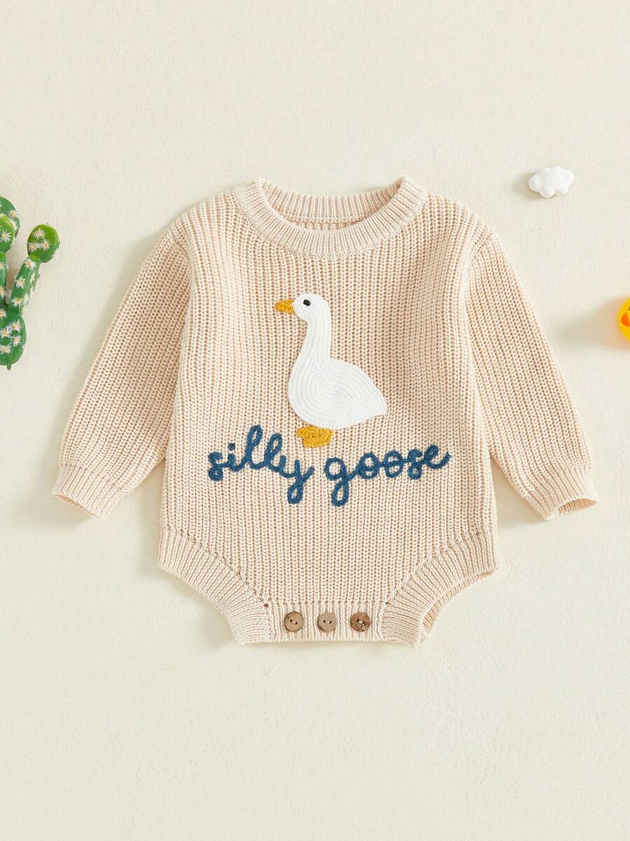 Newborn Infant Cute Goose Letter Embroidery Romper Jumpsuit Baby Knitted Sweater Long Sleeve Round Neck Rompers Newborn Girl Boy Goose Funny Romper Reveal Pregnancy Announcement Clothes - 米色 - 查看 1