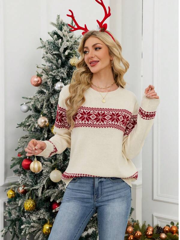 Christmas Sweaters & Autumn/Winter Sweaters, Red And White Contrast Tops, Snowflake Pattern Pullovers