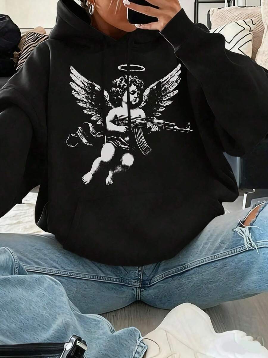 Gothic Angel Gun Women's Casual Fall/Winter Clothing - Gothic Halloween Style - The Perfect Gift Choice. Fun Hooded Sweatshirt Loose And Comfortable Sweatshirt Suitable For Both Autumn And Winter.Recommended Everyday Style. - 黑色 - 查看 1