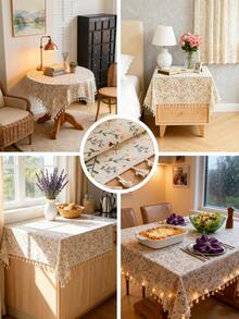 1pc Floral Printed Tablecloth, Rectangular Tablecloth With Tassels, Farmhouse Style, Suitable For Home, Kitchen, Dining Room, Camping, Parties, Outdoor Use, Spring/Summer Decor - Multicolor - View 3