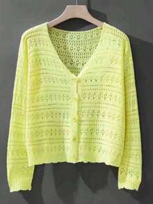 1pc Women's Shrug, Loose V-Neck Hollow Out Knitted Air-Conditioned Shirt, New Style Long Sleeve Sunscreen Cover Up Top Accessories Women