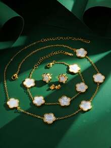 4件套时尚优雅五瓣花首饰套装 - 项链、耳环、手链，18K镀金不锈钢材质，男女皆宜，适合日常佩戴、婚礼、情人节礼物 - 金五葉草耳環項鍊手鍊套裝 - 查看 8