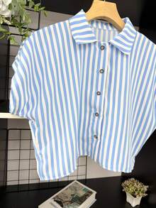 ELLIE Casual Striped Print Loose And Cropped Shirt - 藍色粗條紋 - 查看 3