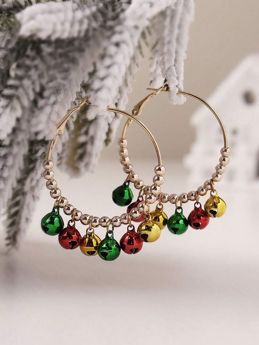 1pc Christmas Colorful Bell Hoop Earrings, Festive Vibe, Fashionable & Luxurious Design, Suitable For Women's Daily, Party, Date, Street Style, Holiday Wear