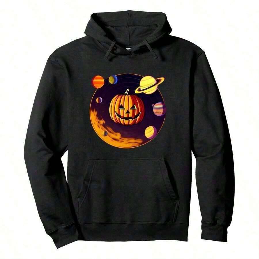 Jackolantern Halloween Pumpkin Solar System Astronomy Design Pullover HoodieMen's Halloween Hoodie Must-Have Party Item,Fall Hoodies,Men's Fall Clothes,Street Wear,Halloween,Mens Hoodies,Y2k Clothes,Jesus Hoodie,Thanksgiving Day,Nightmare Before Christmas,Christmas - Black - View 1