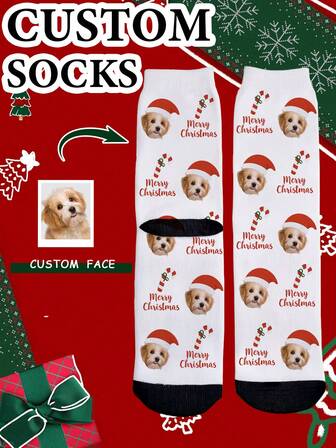 1 Pair Unisex Custom Pet Face & Christmas Pattern (Santa Hat, Candy Cane, "Merry Christmas" Text) Design, White & Black Soft Knit Fabric Comfortable & Festive Personalized Socks For Christmas & Gift Occasions