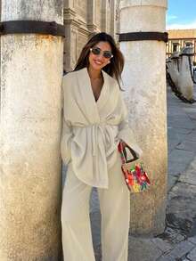 2pcs Women's Casual Street Style Solid Color Wrap Collar Top And Straight Leg Pants Set, Spring/Summer - Apricot - View 3