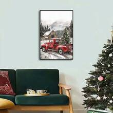 Vintage Red Pickup Truck And Christmas Tree Canvas Art Print - Suitable For Farmhouse Wall Decor In Living Room And Bedroom - Unframed