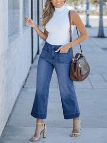Women's Slimming Wide-Leg Straight-Leg Washed Denim Cropped Pants - Màu xanh hải quân - Xem 3