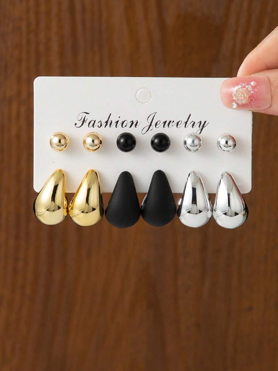 12 件/套时尚简约水滴耳钉首饰套装，时尚派对礼物 - 彩色 - 查看 1