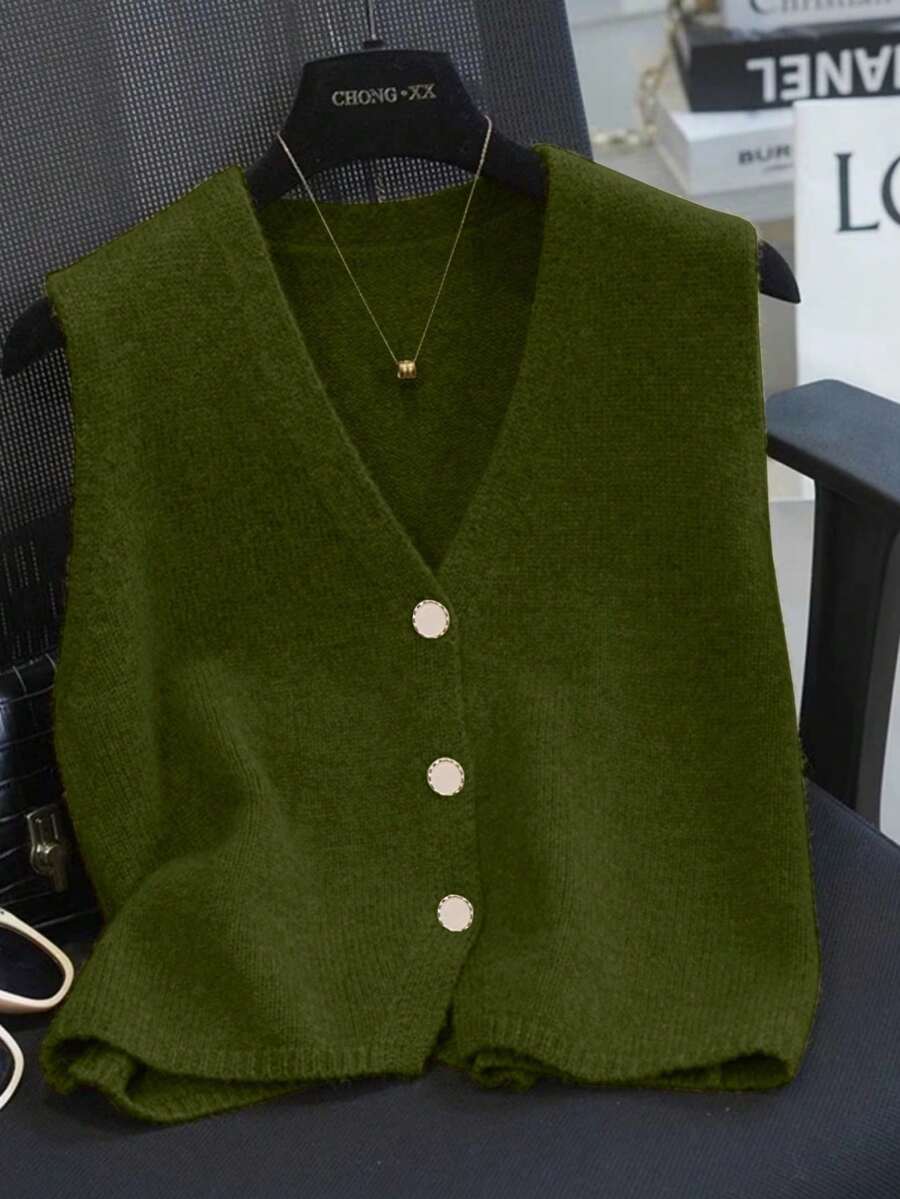 1 件纯白色针织纽扣 V 领无袖夏季开衫毛衣背心 - 綠色 - 查看 1