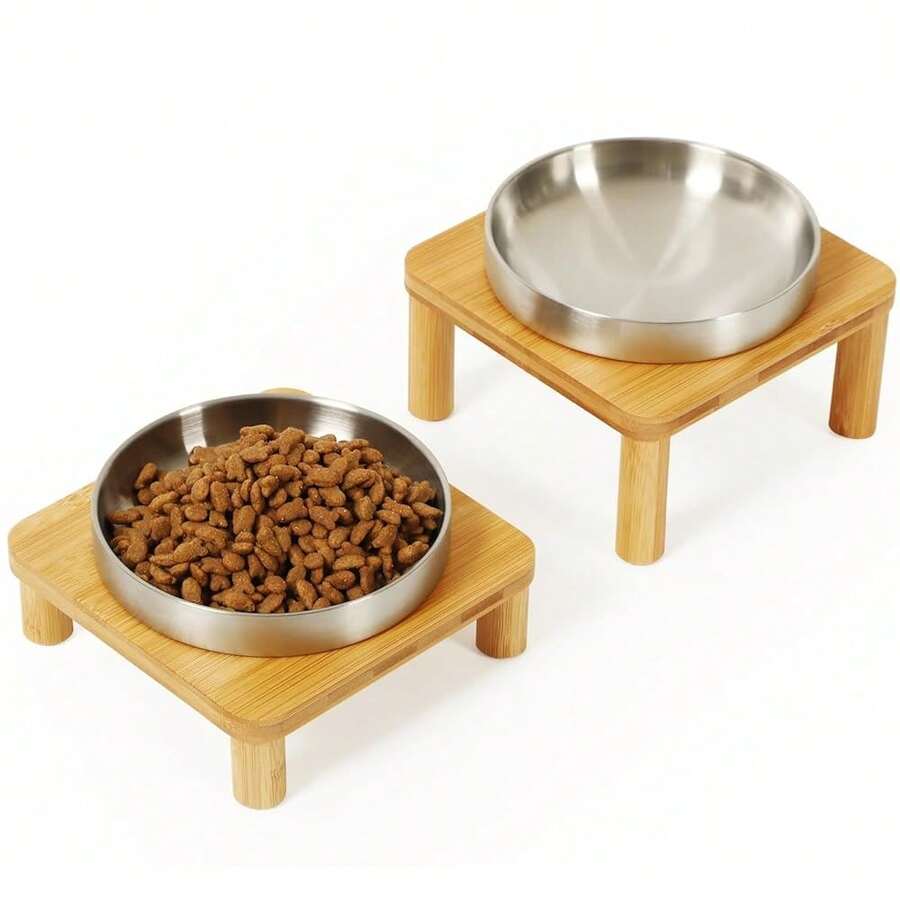 Elevated Cat Bowls For Indoor Cats – Raised Bamboo Cat Bowl Stand With 5.5" Wide Stainless Steel Dishes, Pet Food Table Plate For Easy Feeding, Whisker Friendly (Silver,Set Of 2){"Size_name":"2Squares"} - 2個正方形 - 查看 1