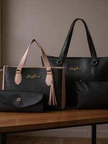 Kit 4 Anjik Medium Women's Bags + Wallet + Tote Bag + Toiletry Bag, Zipper Closure, Synthetic PU, Everyday Bag, Luxurious, Elegant, Party, Work, School, University. Gaby Show - 香檳色 - 查看 3